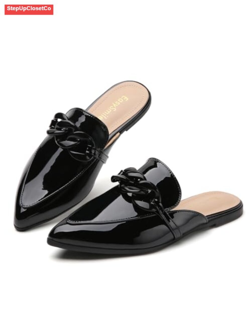 Flat Mules Pointed Toe Slip On Loafers Plastic Chain Decor Polyester